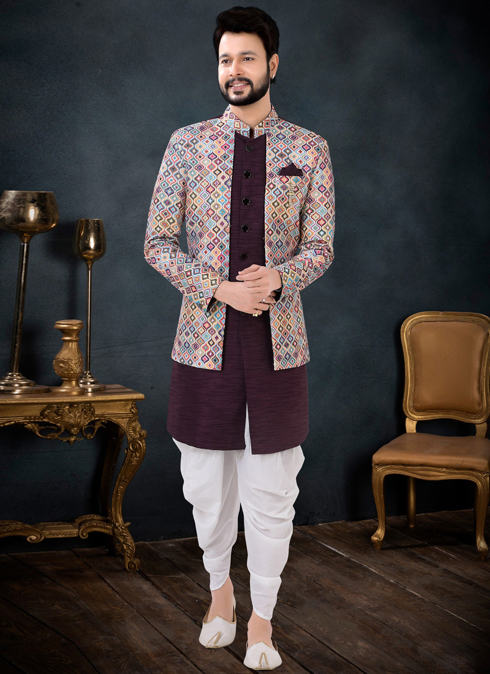 Rayon Sequins Indo Western Sherwani In Wine Color