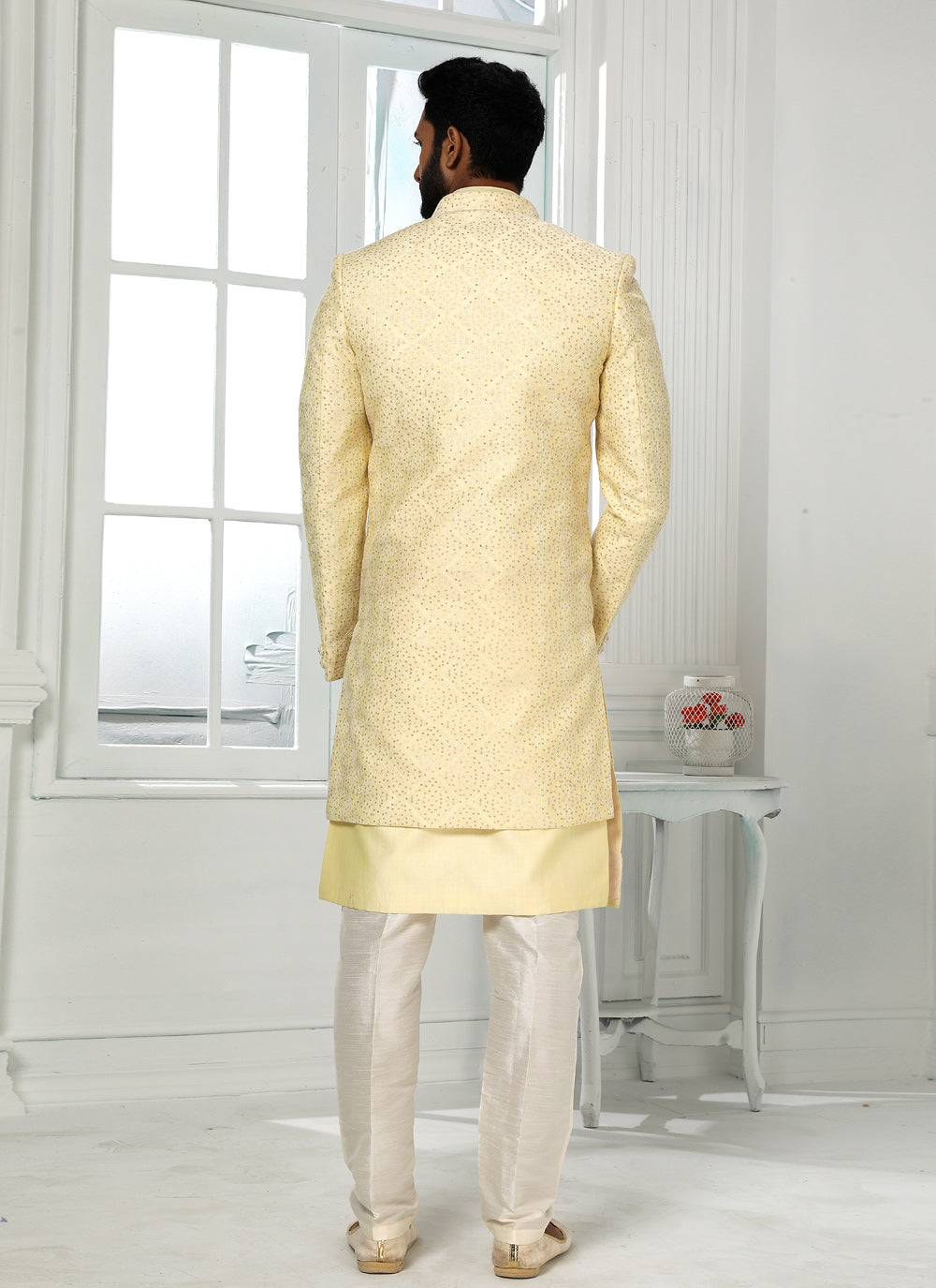 Art Silk Embroidered Indo Western In Yellow