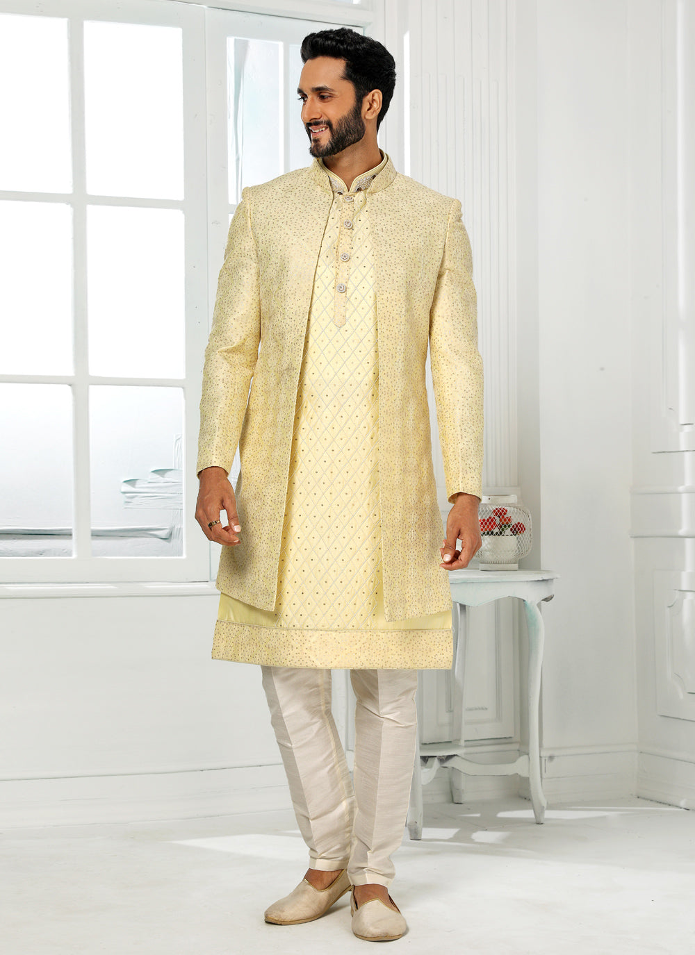 Art Silk Embroidered Indo Western In Yellow