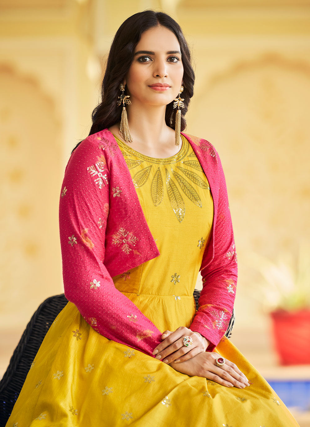 Yellow Embroidered Designer Gown In Cotton