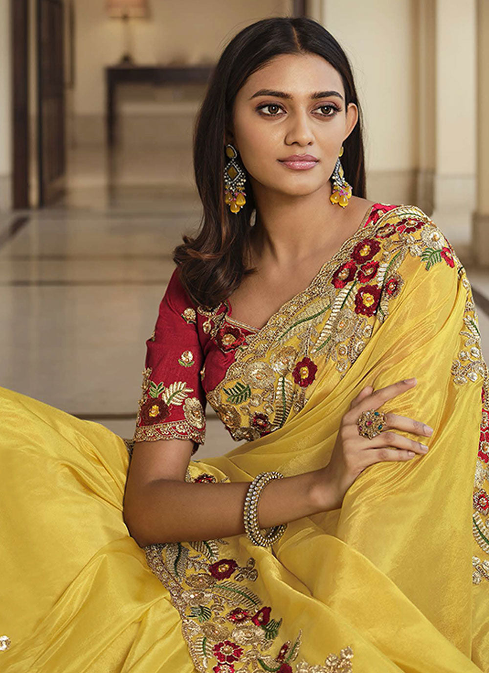 Yellow Embroidered Fancy Saree For Wedding