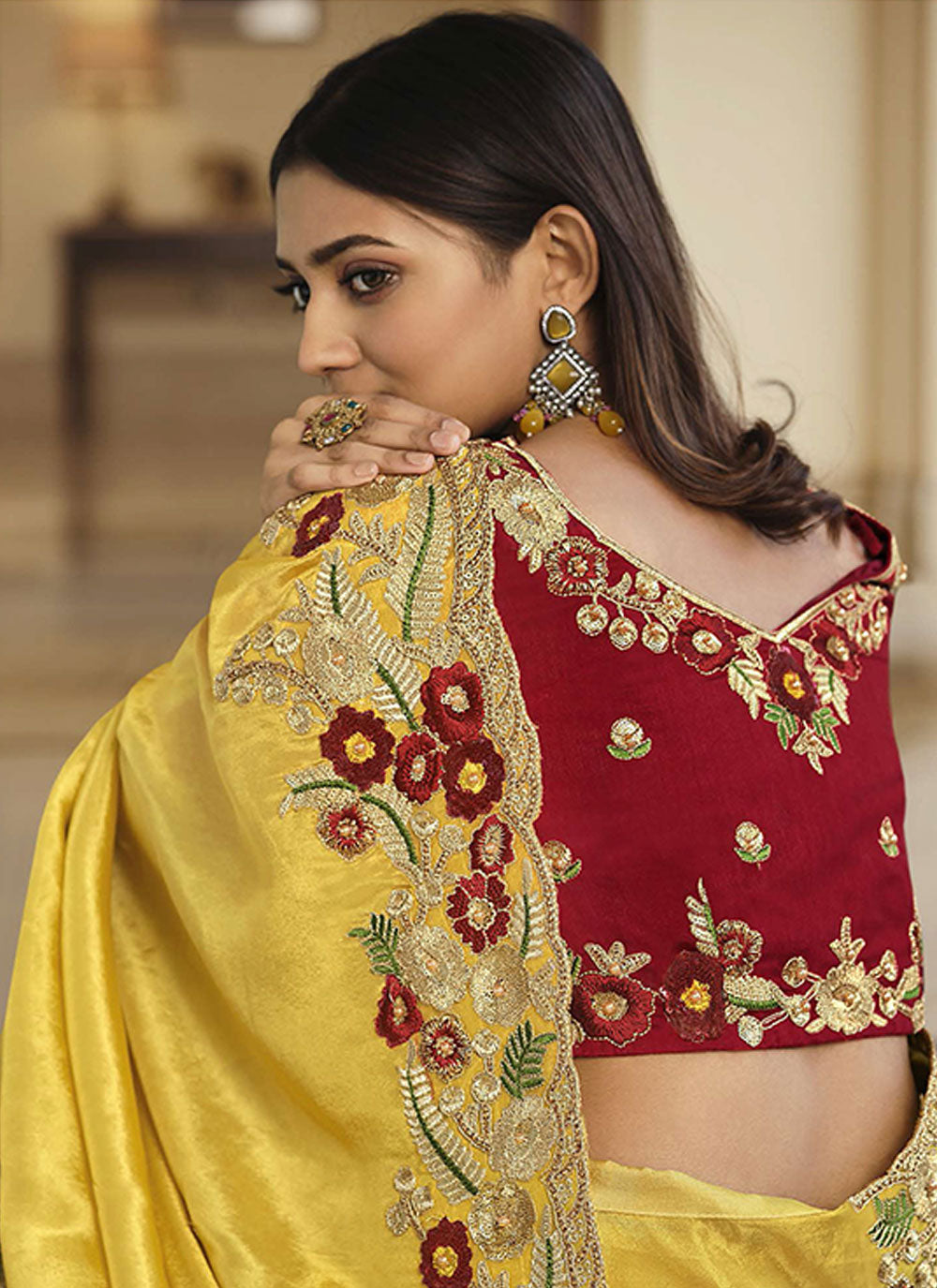 Yellow Embroidered Fancy Saree For Wedding