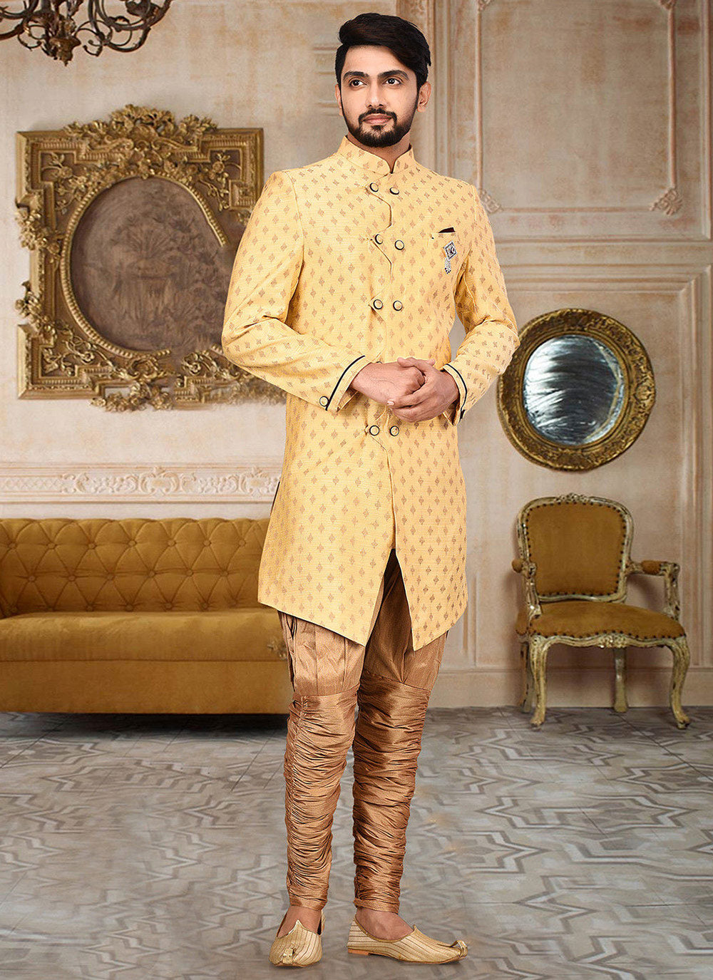 Cotton Indo Western Sherwani In Yellow