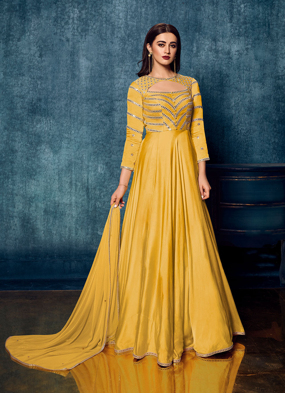 Satin Embroidered Designer Gown In Yellow Color